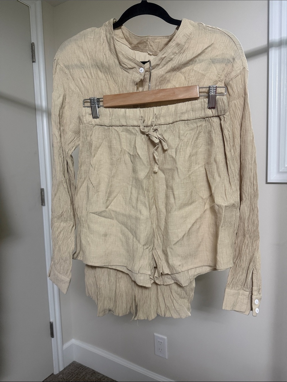 Amazon Beige Button-Down Crinkled Shirt & Shorts Set